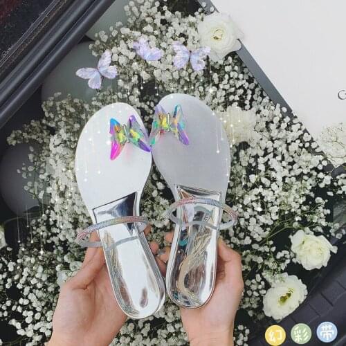 Fashion Flat Slipper Womens 2020 Summer New Butterfly Pigeon Egg Crystal Toe Covering Flip-Flop Shoes