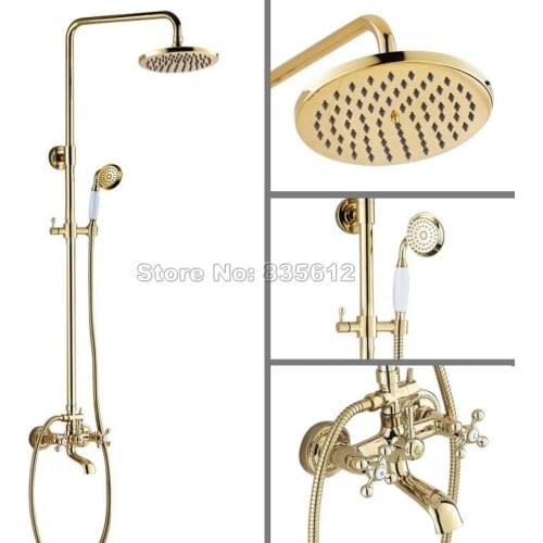 Wall Mounted Dual Cross Handles Bathtub Mixer Tap Bathroom Gold Color Brass Rain Shower Faucet Set W/Handheld Shower Head Wgf354