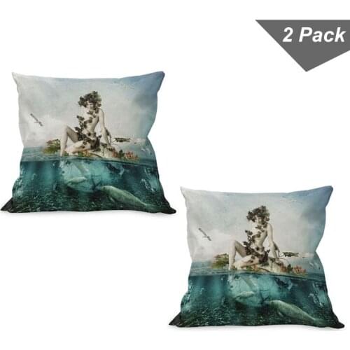 Mermaid on the Sea Pillow Cushion Cover Pack of 2 Leaves All Around Body Zippered Double-Sided Accent for Living Room