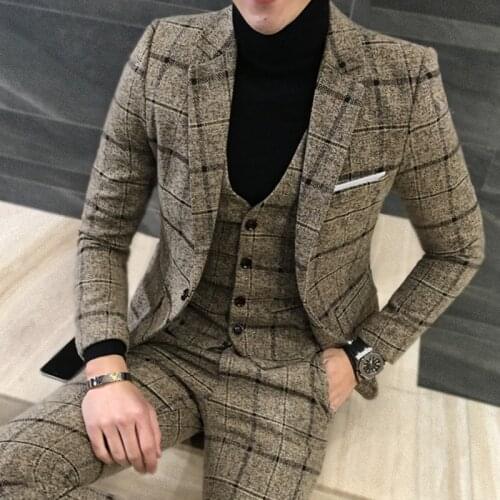 2019 Spring New, Fashion Gentleman Mens Plaid Leisure Suit Jacket Sets , England Simple Groom 3-piece Suit+ Pants+ Vest 5xl