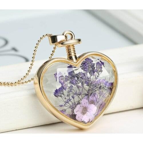 Handmade Boho Dried Flower Necklace Ball Chain Silver Color Crystal Ball Geometric Heart Pendant Necklace for Girlfriend Gift