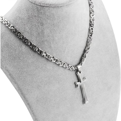 316L Stainless Steel Necklace 6mm Cross Pendant Necklaces Byzantine Link Chains Silver color Mens Womens Fashion Jewelry Gifts