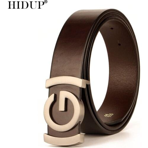 HIDUP Famous Brand Name Top Quality Cowhide Leather Strap Belt G Slide Buckle Metal Belts for Men 3.4cm Width Accessories NWJ876