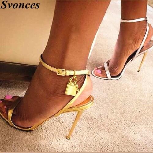 Luxury Brand Fashion Gold Lock Strappy High Heel Sandals Celebrity Shoes Simple Strap Evening Sandal Women Sandalias Femininas
