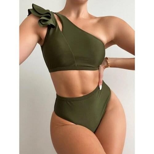 Sexy High Waist Bikini Set One Shoulder Swimsuit Women Swimwear Ruffle Biquini Brazilian Bikinis Beachwear Maillot De Bain Femme