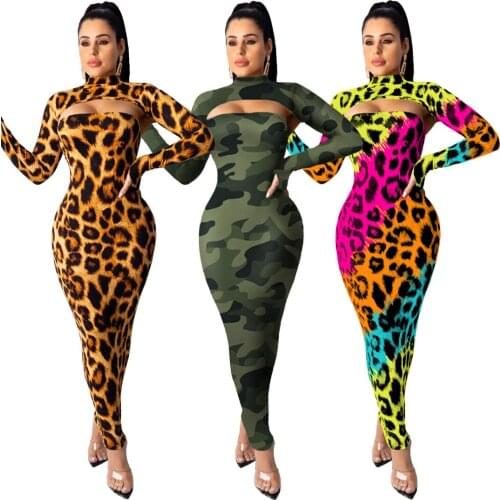 Sexy Fashion Dress Outfit Long Sleeve Crop Top And Strapless Long Bodycon Dress 2 Pieces Set Leopard Suit For Woman Night Club