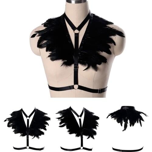 Feathers Tops Punk Sexy Lingerie Harness For Women Cage Bra Halloween Rave Costume Accessories Bondage Waist Suspender Belt
