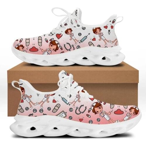 WHEREISART Cartoon Nurse Print Women Fashion Shoes Comfortable Flex Control Sport Sneaker Casual Lace-up Footwear for Female