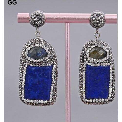 GuaiGuai Jewelry Natural Rectangle Blue Lapis Labradorite Black Macarsite Dangle Earrings