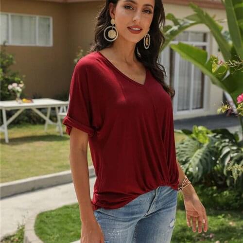 Summer Casual Ladies T Shirt Solid Color V Neck Loose Tops Women Temperament Elegant Plus Size Streetwear Tees