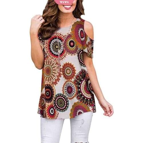 Womens Summer T-shirt Printed Short-sleeved Sexy 0ff-the-shoulder Bottoming Shirt O-neck Pullover Casual Ladies Loose Top