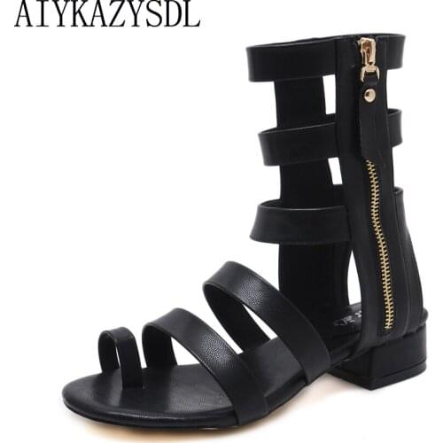 AIYKAZYSDL 2018 Women Summer Ankle Boots Gladiator Sandals Ring Toe Strappy Ankle Wrap Shoes Side Zipper Rome Cut Out Sandals