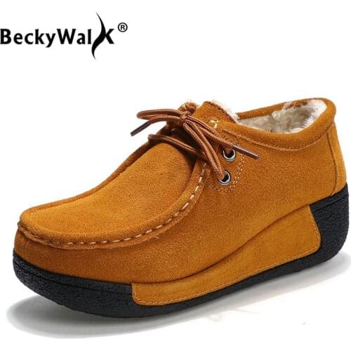 Winter Women Shoes Genuine Leather with Fur Shoes Woman Moccasins Flats Casual Cotton Warm Shoes Women Platform Loafers WSH3353