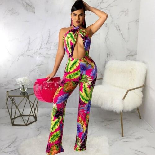 Women Jumpsuit Off The Shoulder Leaves Print Full Length Overall Elegant Cross Halter Neck Open Back Hollow One Piece Rompers