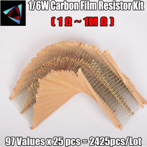1/6W 5% 97valuesx25pcs=2425pcs 1R~1M 5% Carbon Film Resistor Assorted Kit