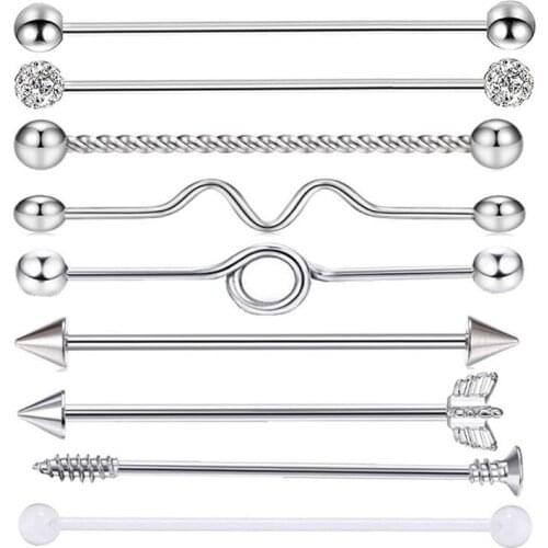 1 Piece 2019 New 14G 38mm Length Stainless Steel Industrial Barbell Twist Crystal Ball Earring Body Ear Piercing Jewelry