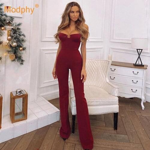 2021 Fashion New Rayon Bandage Jumpsuit Sexy Sleeveless Beaded Bodycon Horn Spaghetti strap Jumpsuits Elegant Club Party