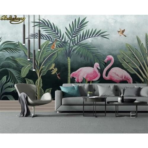 Beibehang Custom 3d wallpaper mural medieval hand painted tropical rain forest flamingo HD background wall decoration painting
