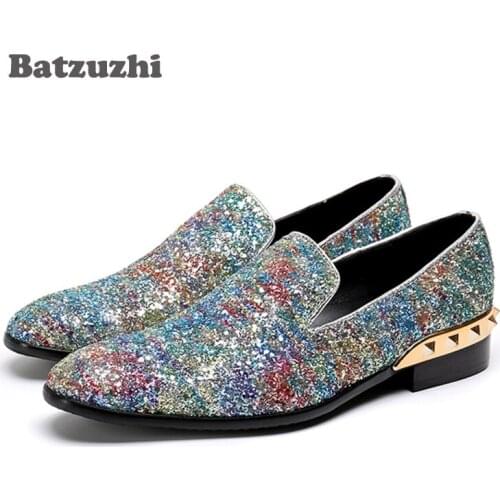 Batzuzhi Luxury Italy Fashion Men Shoes Shinny Glitter Wedding Loafers Men Genuine Leather Men Dress Shoes Party, Big Size 38-46