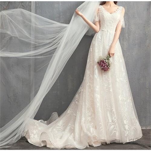 White V Neck Lace Wedding Dresse with train Elegant French Retro Light Bridal Formal Gowns for Women 2020 VS47