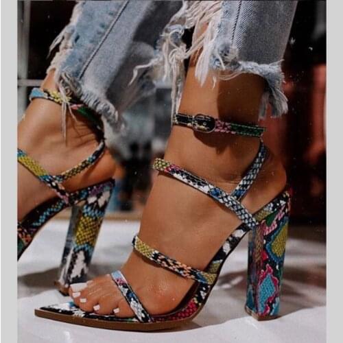 Sexy Ladies 2020 Casual Party Sandals Summer Sandals Women Snake Print Round Toe Cover Heel High Heel Shoes Woman ins 42