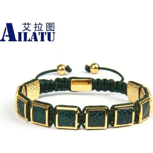 New Luxury Genuine Green Python Leather Square Gold Color Beads Macrame Bracelet Mens Rope Chain Jewelry Logo Print