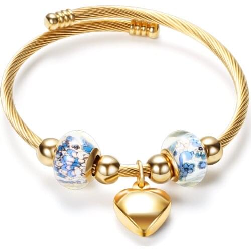 Gold-Color 316l Stainless Steel Heart Charm Glass Cross Twisted Cable Wire Bracelets bangles For Women Jewelry