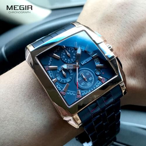 MEGIR Mens Stainless Steel Watches Men Fashion Luxury Blue Rose Gold Wristwatch Man Waterproof Luminous Military Sport Watch