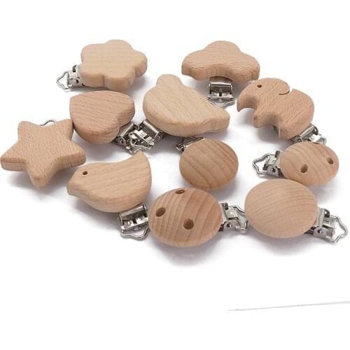 Chenkai 50PCS Wooden Bear Flower Car Heart Bird Elephant Round Star Clips BPA Free For DIY Baby Nature Pacifier Chain Gifts