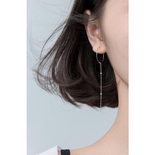 Thin Authentic Real 1pair 100% 925 Sterling Silver fine Jewelry Geometric Circle beads Chain Long dangle Earrings gtle2308