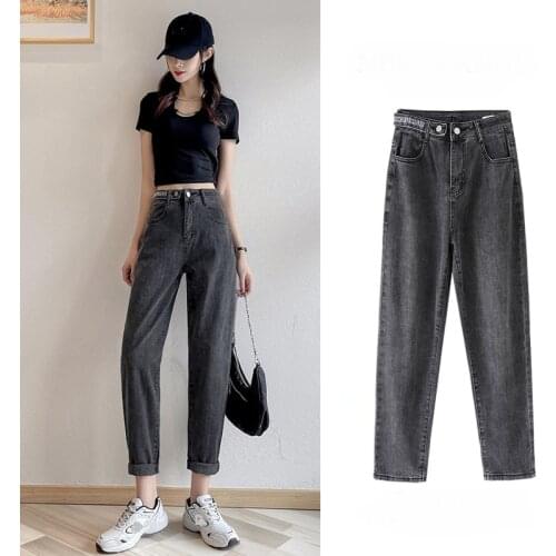 Jeans Women High Waisted Harem Ankle-Length Pants Loose Straight Mom Baggy Jeans Thin Blue Grey Button Jeans Woman 2021 New