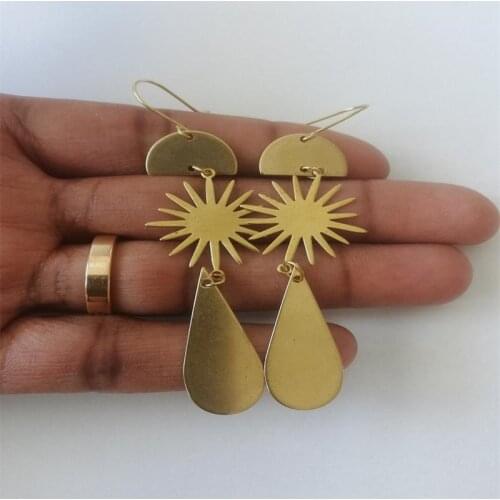 Half moon phase, star, tear drop brass earrings