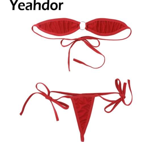 Mini Bikini Set for Women Sexy Lingerie Set Exotic Minimal Cover Self-tie Off Shoulder Bra Top with G-String Briefs Underwear