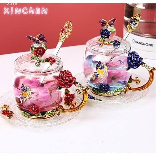 Beauty And Novelty Enamel Coffee Cup Mug Flower Tea Glass Cups for Hot and Cold Drinks Tea Cup Spoon Set Perfect Wedding Gift