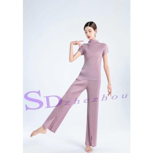 HOT SELLING Miyake new Style turtleneck short sleeve T-shirt fold Hem slit Straight-leg pants solid two-piece outfit IN STOCK