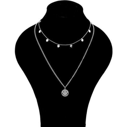 Fashion Stainless Steel Necklace Smile Face Heart Pendant Double Chain Choker Necklace Women Girls kpop Jhope Pub Concert