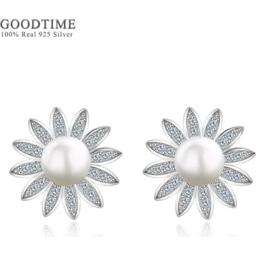 Fashion Earring For Women Pure 100% 925 Sterling Silver Flower Freshwater Pearl Stud Earrings Jewelry Gift For Girl Office Lady