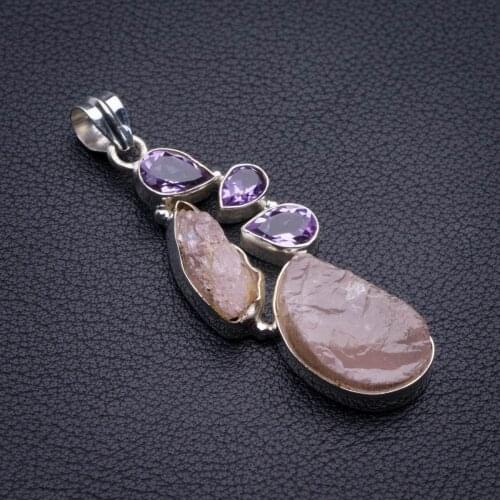 Natural Rose Quartz Rough And Amethyst Handmade 925 Sterling Silver Pendant 2.25" D1951