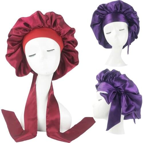 Solid Satin Bonnet with Wide Stretch Ties Long Hair Care Comfortable Lady Night Sleep Hat Adjust Hair Styling Cap Silk Head Wrap