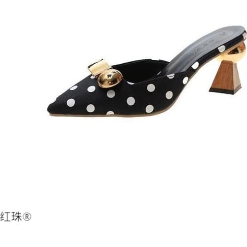 2021 Autumn Chic Dot High Heels Women Slippers Metal Buckle Black White Dots Pointed Toe Ladies Elegant Ladies Pumps Shoes