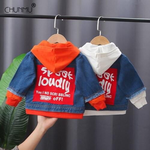 Autumn Baby Boys Denim Jacket Fashion Patchwork Long Sleeve Sport Hooded Coats Winter Children Kids Outerwear Windbreaker