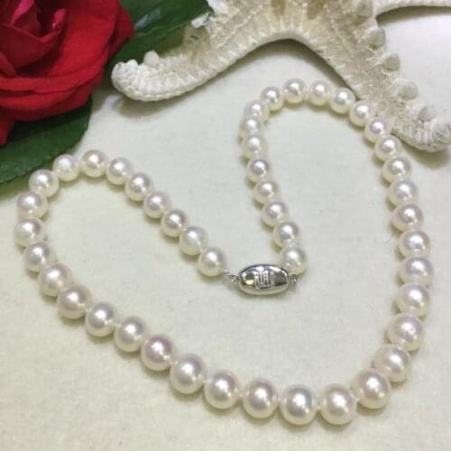 Genuine natural 9-10mm freshwater pearl necklace round White Pearl Necklace 925 Silver clasp 18inch