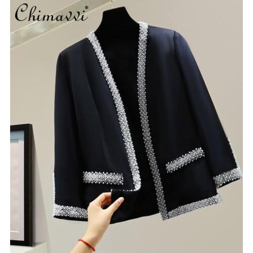 Beads Three Quarter Sleeve Chiffon Short Blazer 2021 Summer Korean Straight Cardigan Jacket Female Oversized Blazer Black