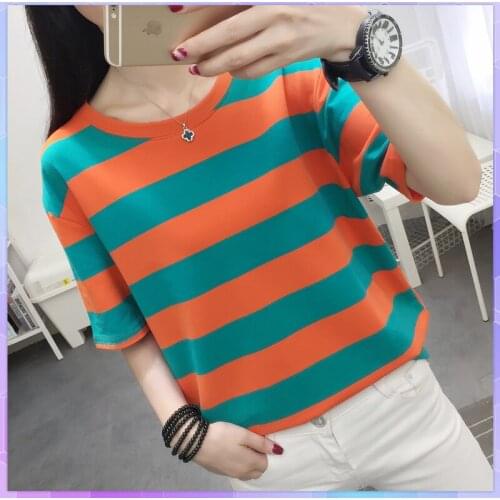 Striped Oversized T-shirt Summer Short-sleeved Top Vintage T-shirts Women Loose Tee Shirt Hong Kong Tshirt Femme Tops Blusas