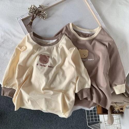 Girls and Boys Casual Bottoming Spring and Autumn Mid-length T-shirt Childrens Cute Cartoon Bear Long-sleeved Shirt