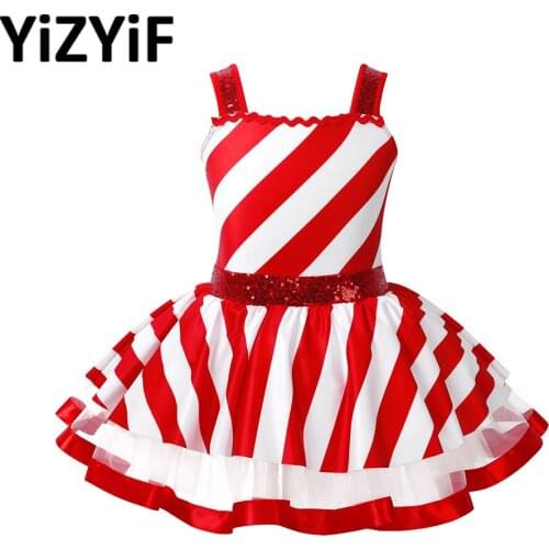 Kids Girls Christmas Dress Sleeveless Shiny Sequins Striped Square Neckline Figure Ice Skating Baton Twirling Leotard Dress