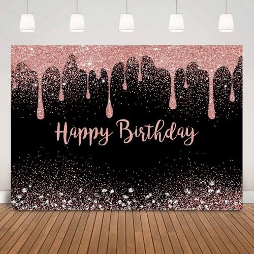 Pink Splash Birthday Background Glitter Dots Woman Girls Happy Birthday Backdrop Diamond Black Party Banner Decorations Props