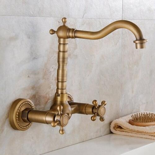 Basin Faucets Antique Brass Dual Cross Handles Wall Mounted Hot&Cold Bathroom Kitchen Basin Sink swivel Faucet Mixer Tap