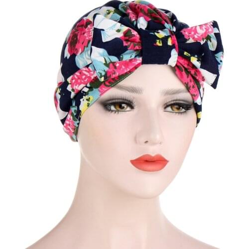 Fashion Muslim Turban With Bow Adult Women Print Hijab Caps Bonnet Ready To Wear Headwraps Turbanet Islam Ladies Head Scarf Hat