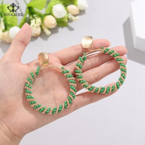 Handmade Beaded Circle Earrings For Women Green Crystal Beads Earrings Big Boho Vintage Statemen Earring
